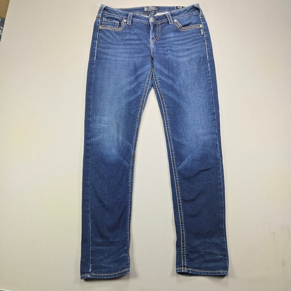 Silver Jeans Co Suki Joga Pencil Skinny Mid Rise Thick Stitch Blue Womens 31x31